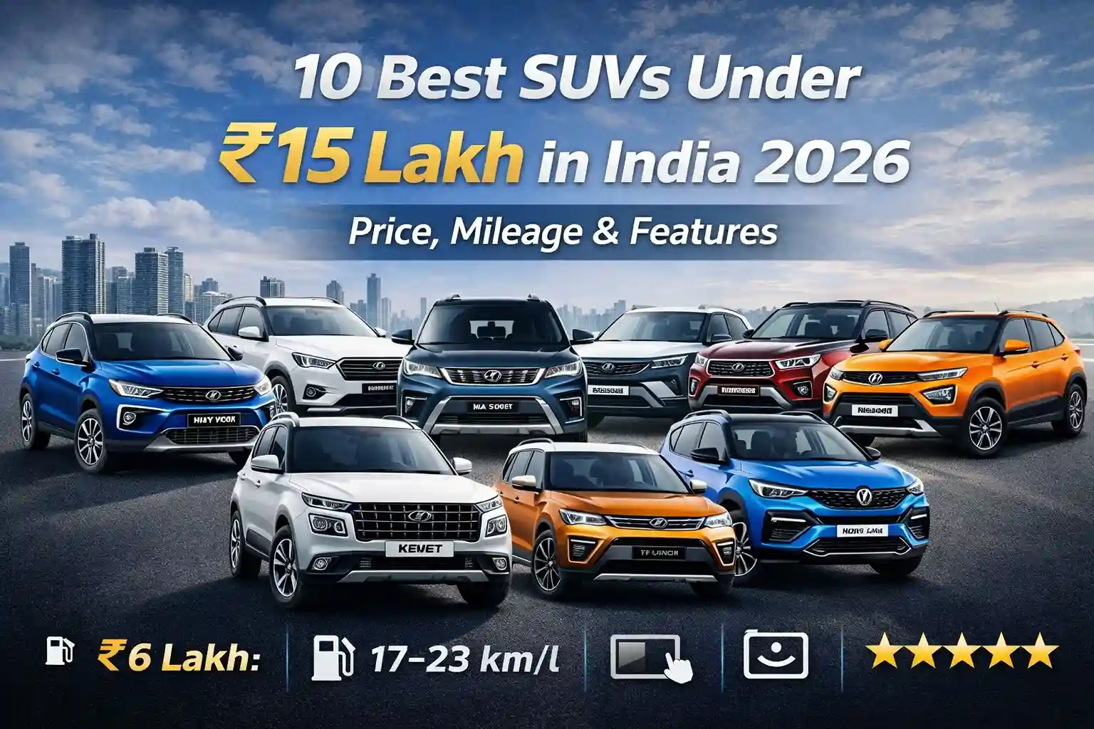 Best SUVs under 15 lakh in India 2026 including Tata Nexon Hyundai Creta Kia Sonet Maruti Brezza and Mahindra XUV300