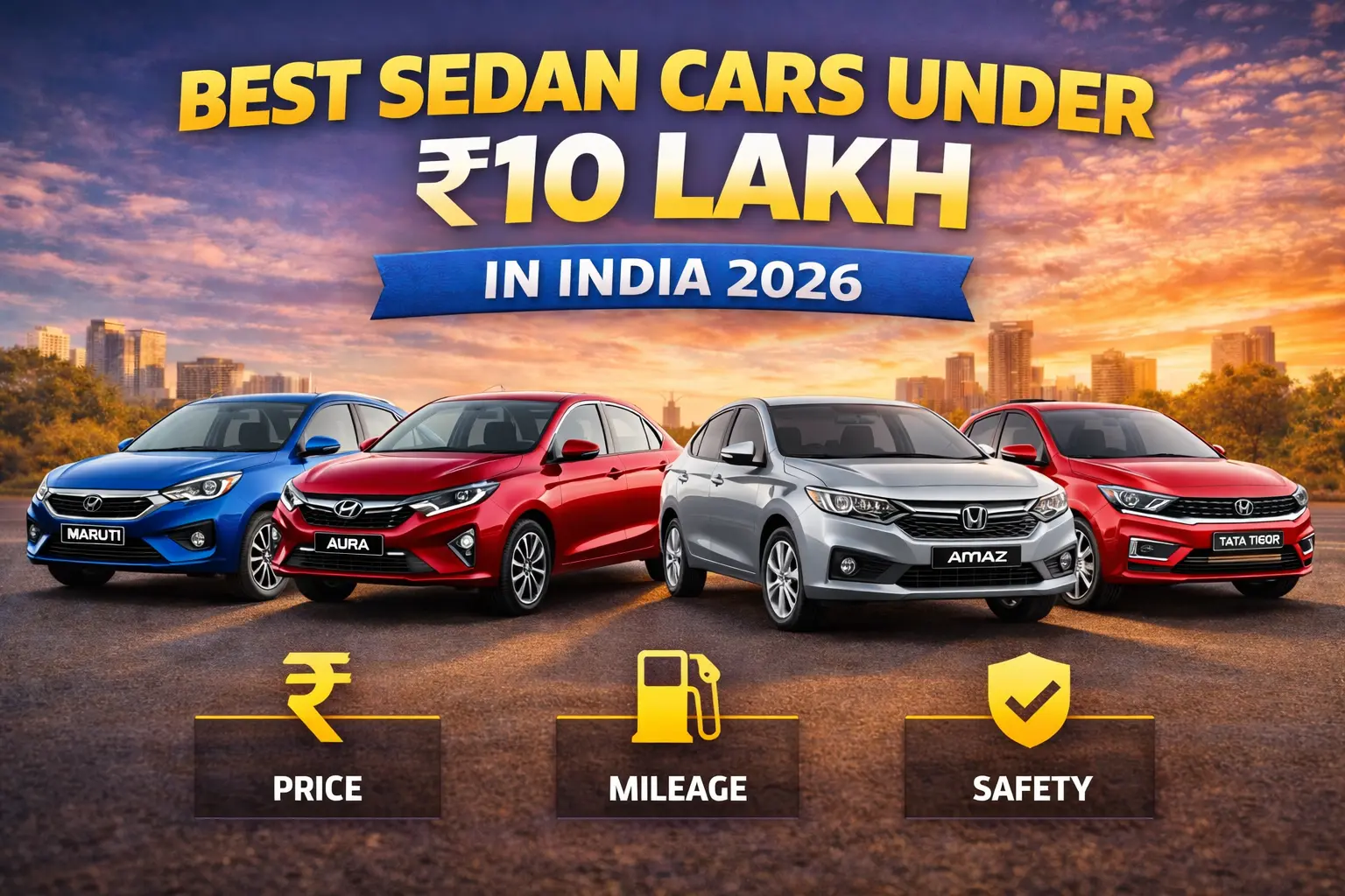 Best sedan cars under 10 lakh in India including Maruti Dzire, Hyundai Aura, Honda Amaze and Tata Tigor