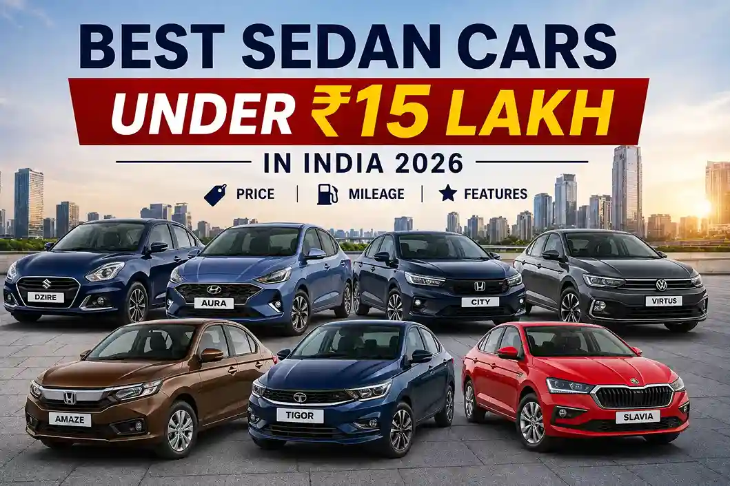 Best sedan cars under ₹15 lakh in India 2026 including Dzire, Aura, Amaze, Tigor, City, Slavia and Virtus with price mileage and features