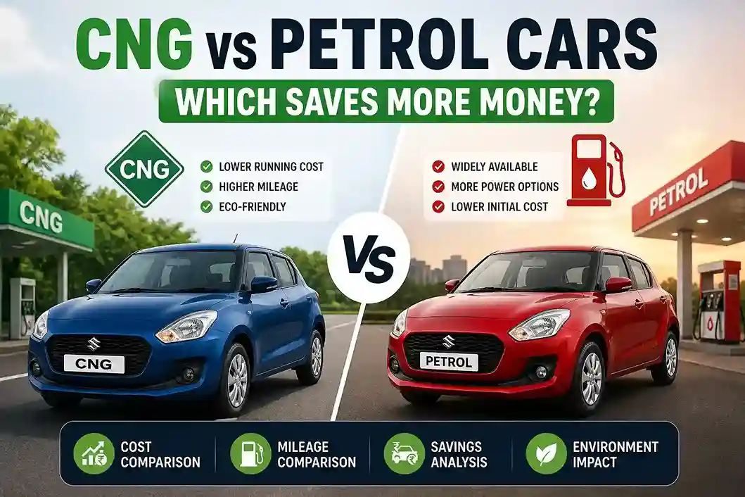 CNG vs petrol cars comparison showing cost per km, mileage difference, and savings analysis in India