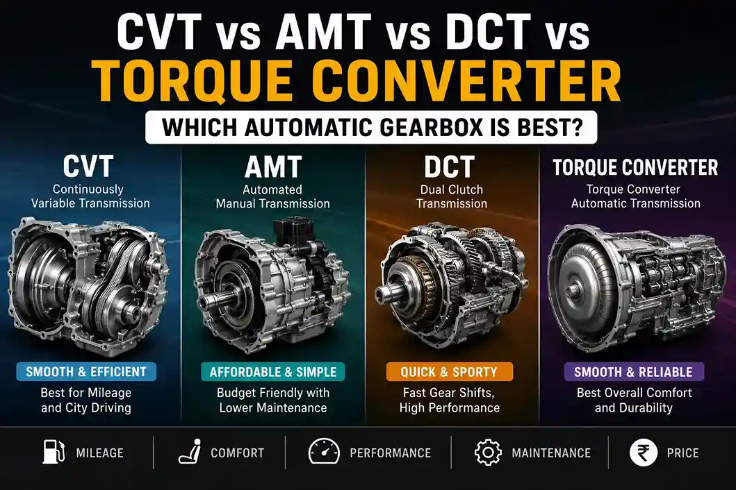 CVT vs AMT vs DCT vs Torque Converter automatic gearbox comparison infographic showing mileage comfort performance maintenance and price differences