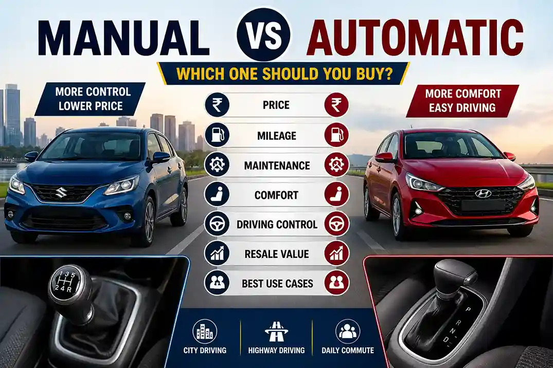Manual vs automatic cars comparison in India 2026 showing price mileage maintenance comfort driving control resale value and best use cases