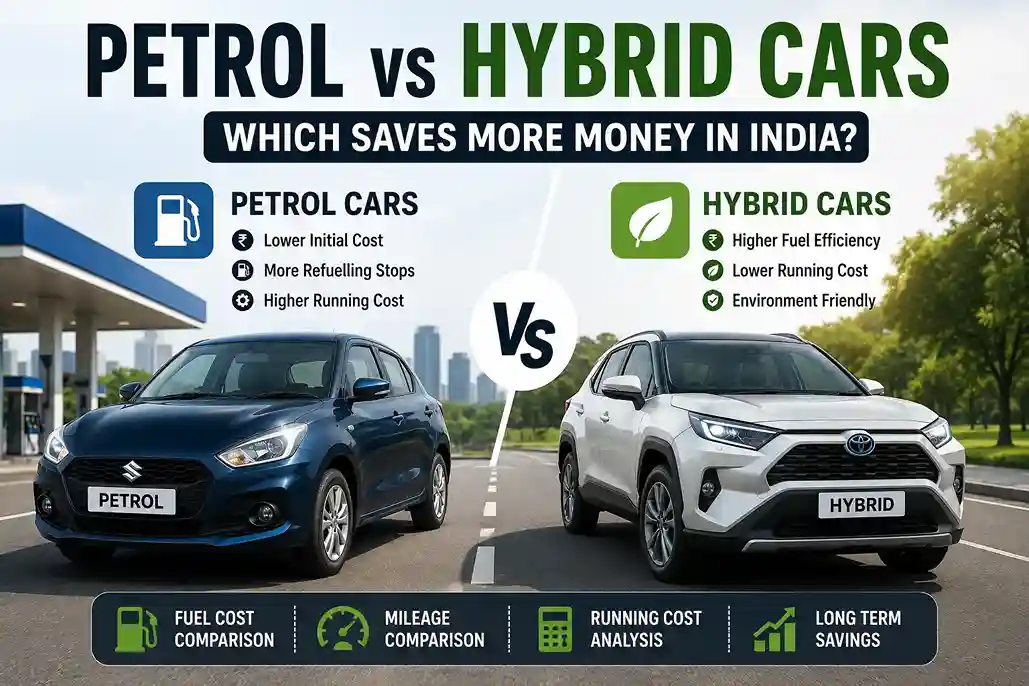 Petrol vs hybrid cars comparison showing mileage, running cost, fuel savings, and long-term ownership benefits in India