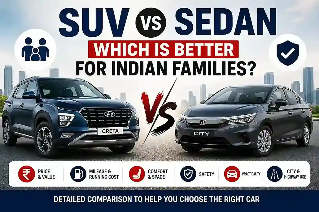SUV vs sedan comparison India 2026 showing price mileage comfort space and best family car choice